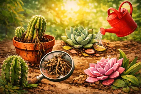 Cactos, suculentas e regador colorido.