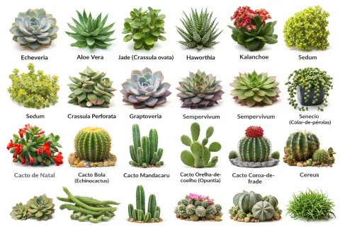 Diversas suculentas e cactos variados.