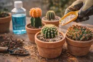 Fertilizando cactos em vasos de barro.