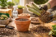 Replantando cactos em vaso de barro.