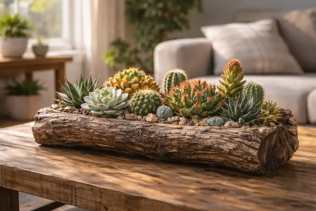 Arranjo de cactos em tronco dentro de ambiente interno