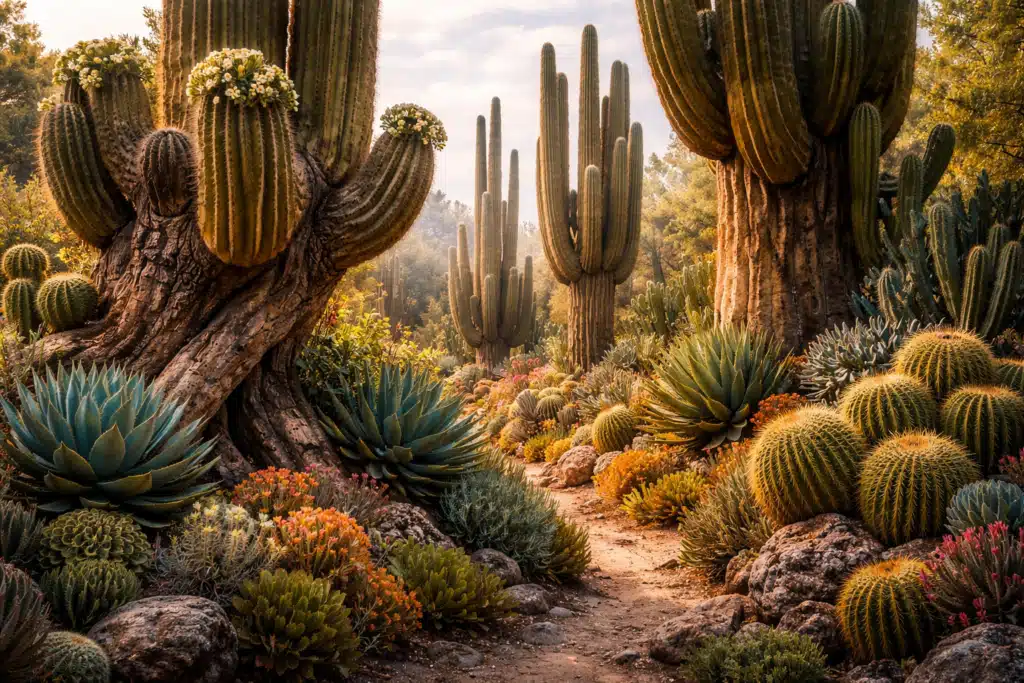 Cactos e suculentas em paisagem desértica.