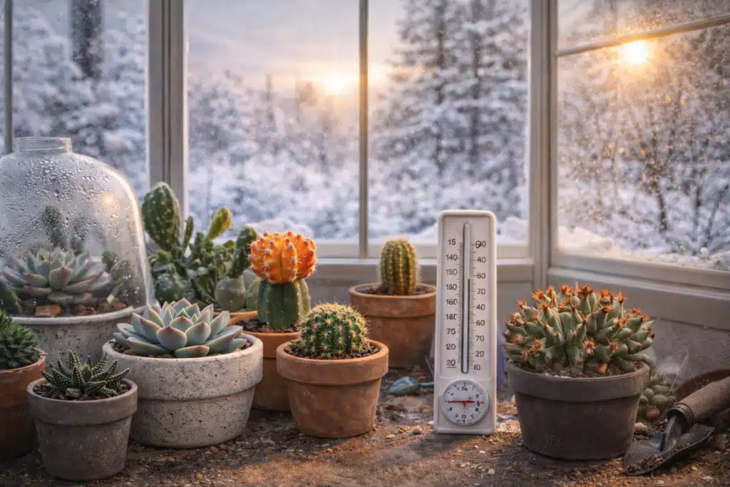 Cactos e suculentas em estufa