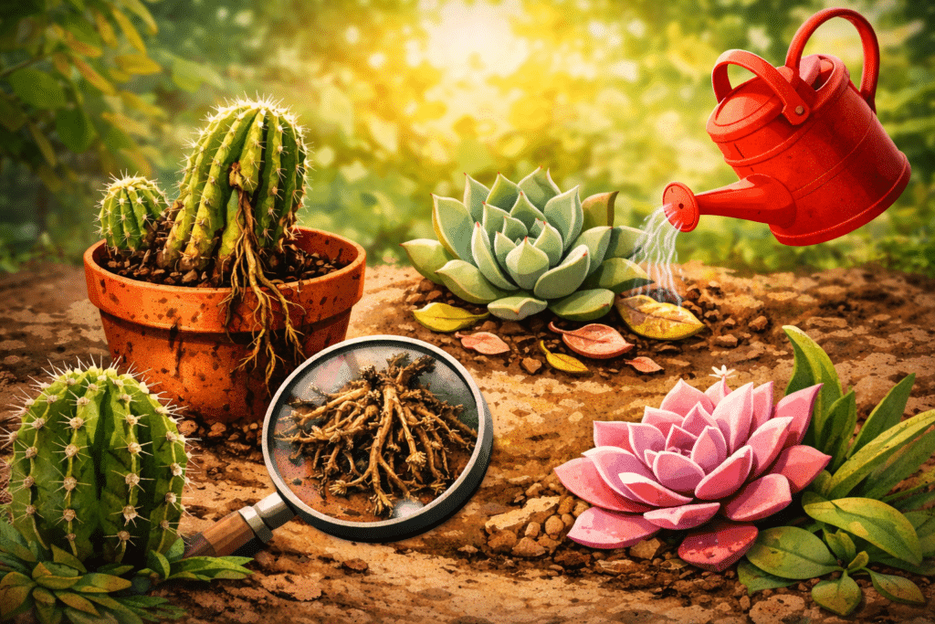 Cactos, suculentas e regador colorido.