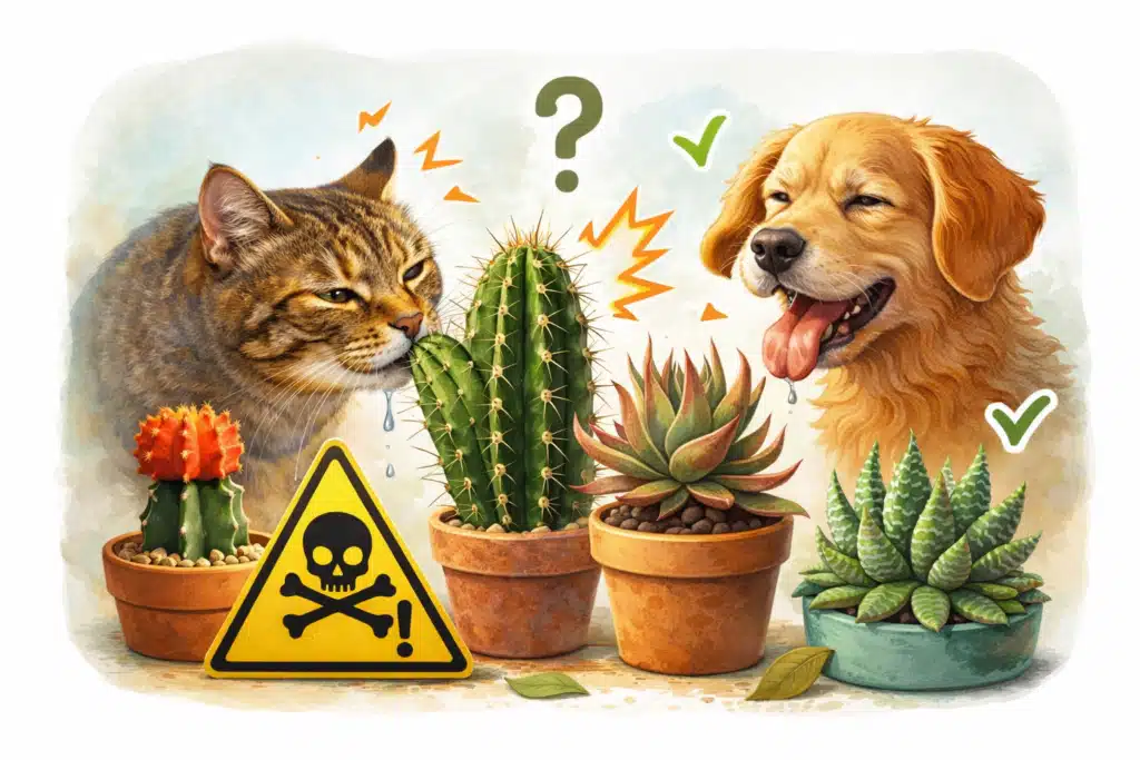 Gato e cachorro perto de plantas tóxicas.