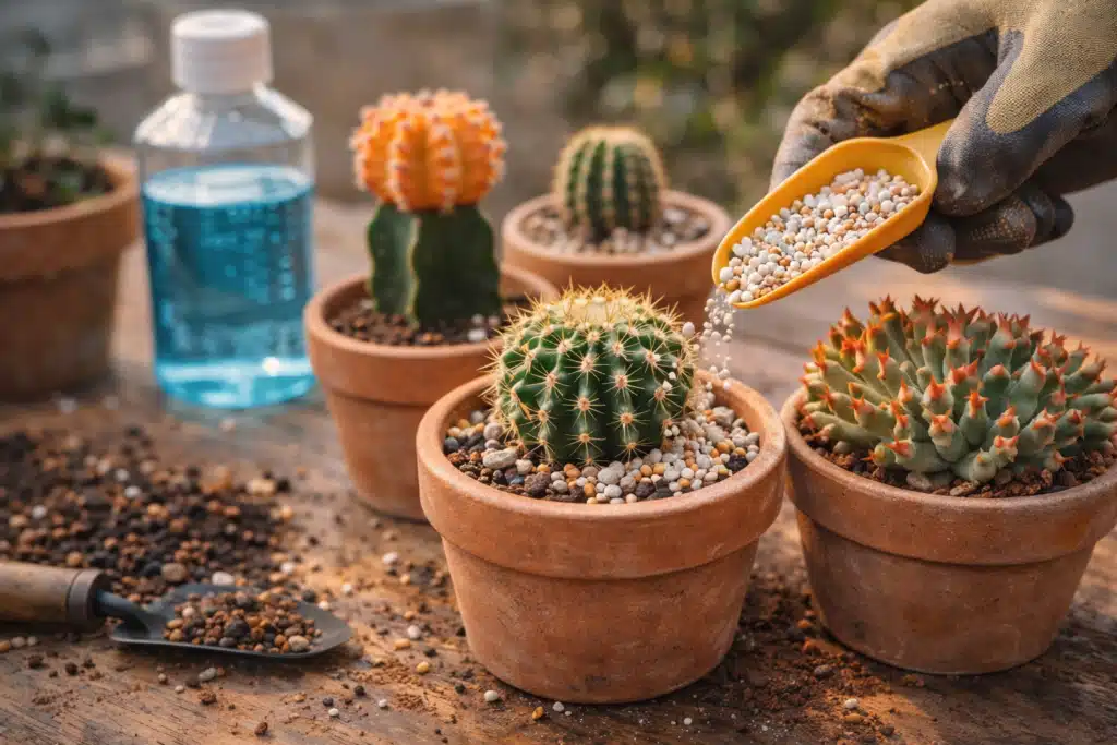 Fertilizando cactos em vasos de barro.