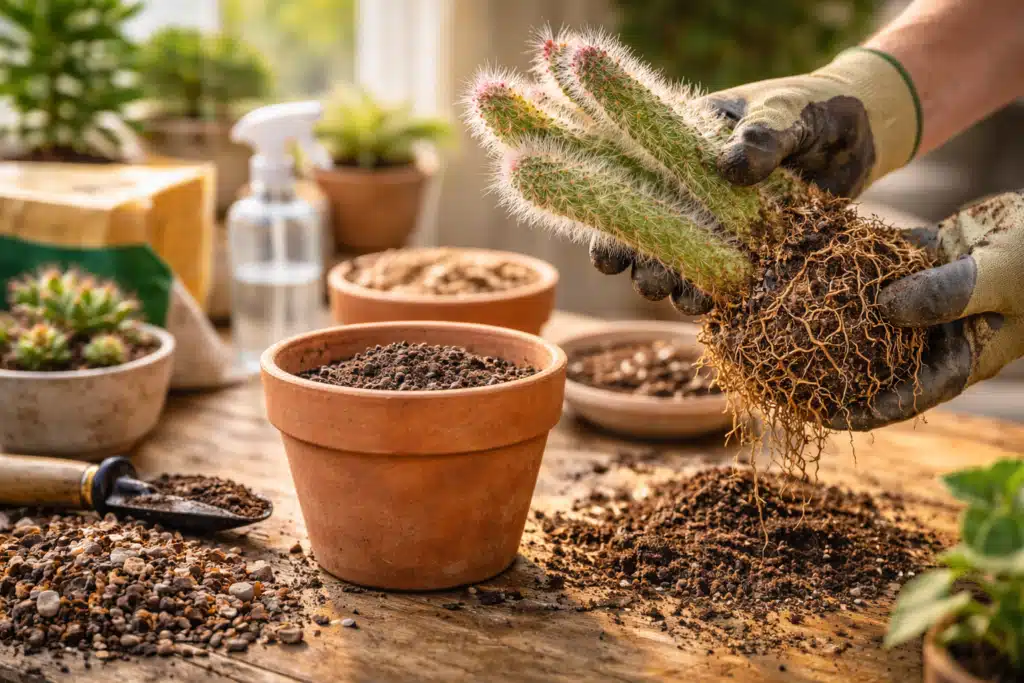 Replantando cactos em vaso de barro.