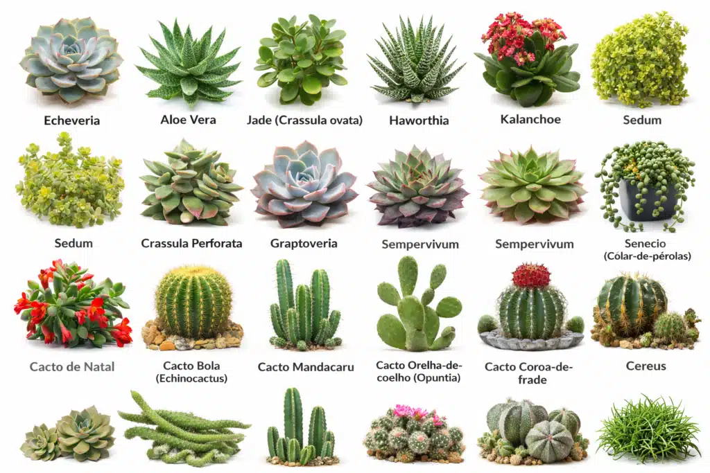 Diversas suculentas e cactos variados.